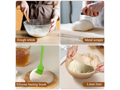 Kit de Inicio de Masa Madre de Banneton Cubiertas de Lino de Croché para Herramientas de Horneado de Ratán Ovaladas